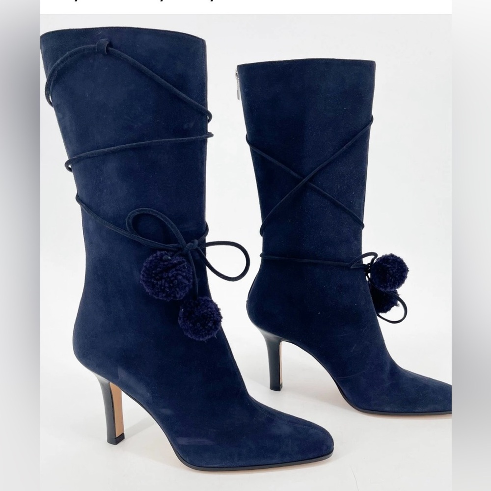 JIMMY CHOO. Navy blue, size 361/2, mid calf boot. Worn lightly. Originally $1195
